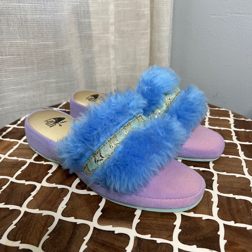Vintage Alta Slippers Purple Blue Gold Fuzzy MCM Made in USA Women's Shoe Size 8